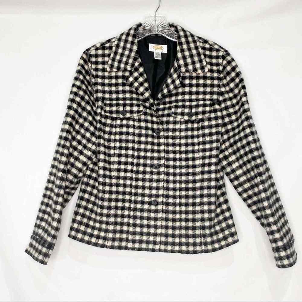 Talbots cream &‎ black mini buffalo plaid checkered button up jacket 10 Petite